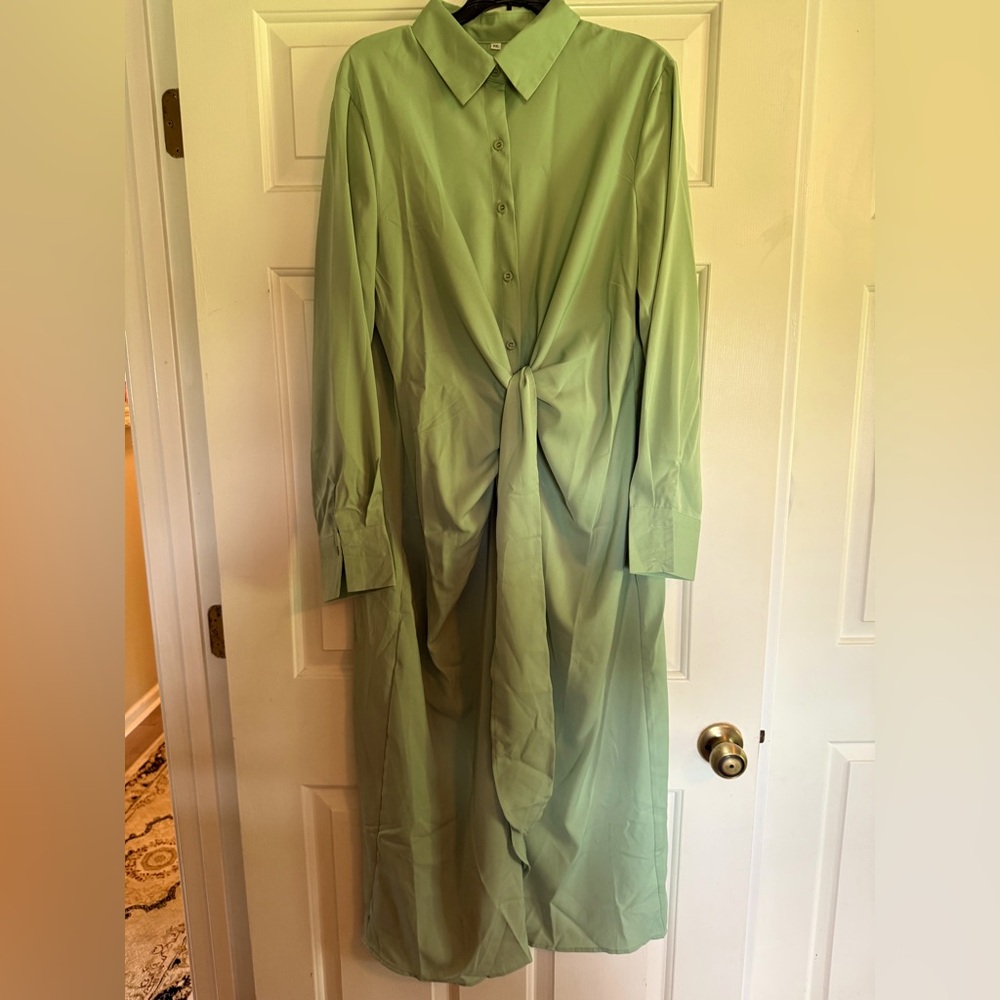 Green Button-Up Dress with Knot Detail